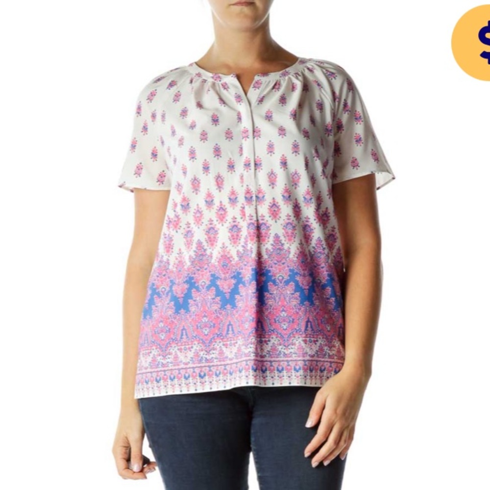 Talbots Pink Blue Floral Tunic Print Blouse size XL